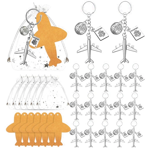 BUYWUMORE 18 Sets Airplane Party Favors Travel Adventure Party Favors Airplane Compass Keychains Airplane Tags Organza Bags for Adventure Theme Party Graduation Travel Party Baby Shower Supplies (Style 1)