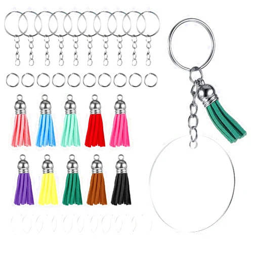 Nogeqi 10 Sets Acrylic Blanks Clear Keychains Round Acrylic Keychain Blanks Clear Blank Keychains for Vinyl with Tassels DIY Keychain Supplies Acrylic Circle Blanks and Split Key Rings for Crafts DIY