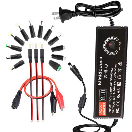 Minidodoca 120W Power Supply Adjustable DC 3V ~ 24V Variable Universal Switching AC/DC Adapter Minidodoca AC to DC Converter with LED Voltage Display and 16 Tips, for 3V to 24V Household Electronics - 5000mA Max