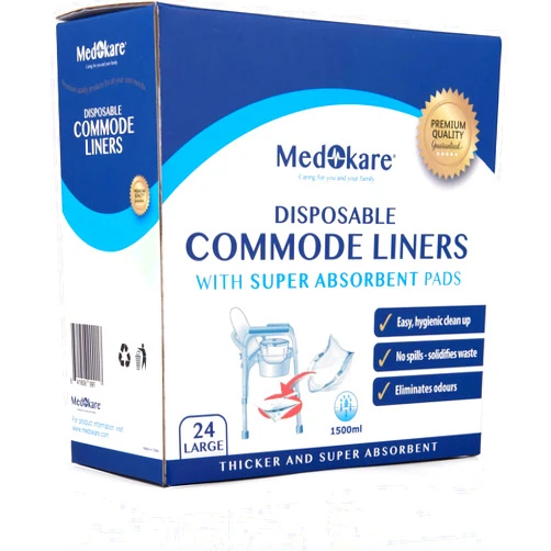 Medokare Commode Liners with Absorbent Pad, 24 Liners - Fits Any Standard Bedside Commode Bucket Potty or Toilet Commode Pail – Disposable Commode Liners for an Adult Commode Chair