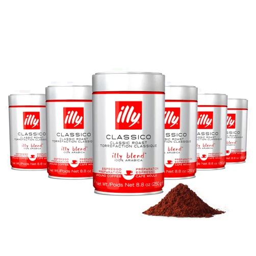 illy Ground Coffee Espresso - 100% Arabica Coffee Ground – Classico Medium Roast - Notes of Caramel, Orange Blossom & Jasmine - Rich Aromatic Profile - No Preservatives – 8.8 Ounce, 6 Pack