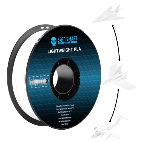 SainSmart Light Weight Filament 1.75mm, LW-PLA Low-Density Active Foaming 3D Printer Filament for RC Planes Drone Parts and Cosplay, White PLA Filament, 1KG