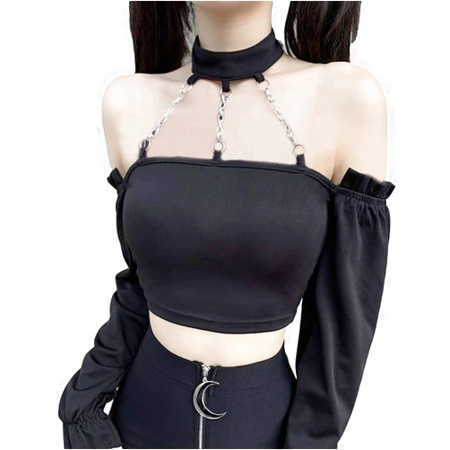 Kisswow Long Sleeves Goth Crop Top Chain Harajuku Femboy Alt Punk Outfits for Women