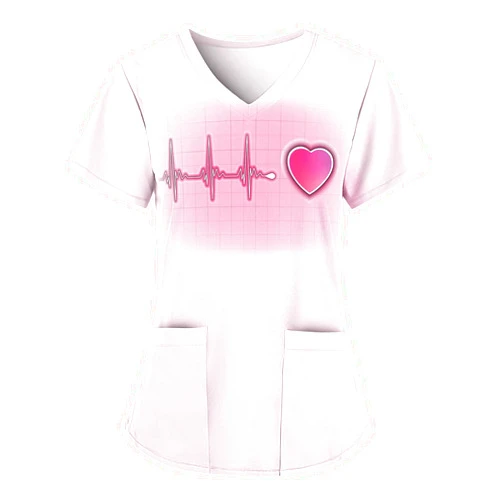 Generic Scrubs Tops for Women 2023 Heart Print Work Uniform with Pocket T-Shirt Lightweight Short Sleeved V-Neck Tunic Blouse Shirts