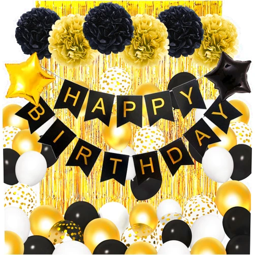 Amandir Black Gold Birthday Decorations for Men Women,Black Gold White Foil Confetti Balloons Happy Birthday Banner Pom Poms Metallic Fringe Curtains 18th 30th 40th 50th 60th Birthday Party Supplies