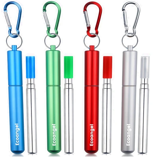 Ecoangel 4-Pack Collapsible Stainless Steel Drinking Straws with Aluminum Case, Cleaning Brush, and Keychains - Silver, Blue, Red, Green