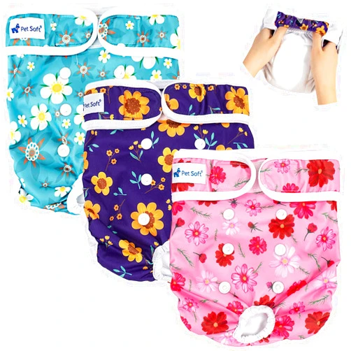 Pet Soft Washable Female Diapers (3 Pack) – Female Dog Diapers, Comfort Reusable Doggy Diapers for Girl Dog in Period Heat (Cute Flower, XS)