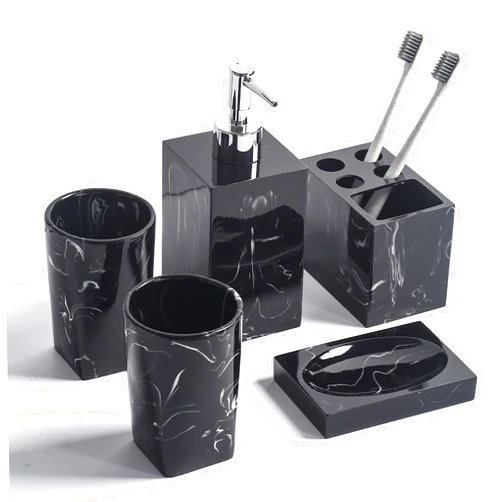 Jung Ford 5-Piece Bathroom Counter Top Accessory Set - Dispenser for Liquid Soap or Lotion, Soap Dish, Toothbrush Holder and 2 Tumblers, Marble Pattern Resin (Ink Black)
