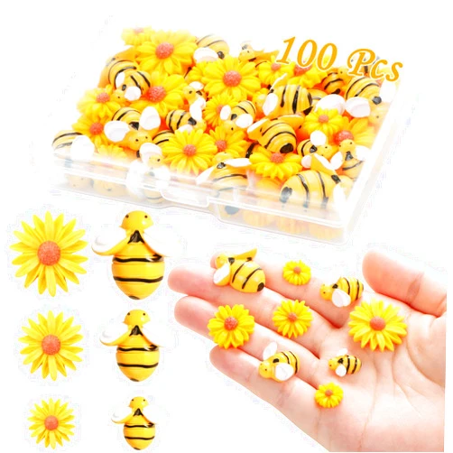 MIKIMIQI 100 Pcs Resin Bees Daisy Decor Bumblebee Sunflowers Embellishment Bees Charms Craft Decorations with Storage Box for Women DIY Craft Wreath Scrapbooking Party Home Decorations, 3 Sizes