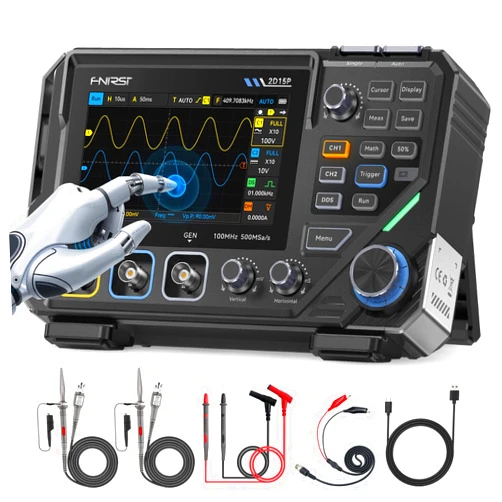FNIRSI 2D15P 100MHz Digital Oscilloscope Multimeter DDS Signal Generator 3 in 1, 2CH Automotive Oscilloscope Multimeter 19,999 TRMS Counts, 500MS/s Sampling, 4.3'' Touch Screen