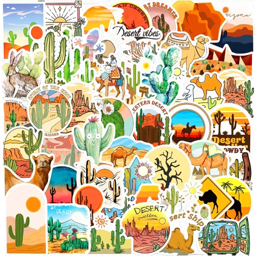 PIGBIT 50Pcs Arizona Western Country Desert Stickers,Aesthetic Cactus Camel Travel Adventure Stickers for Laptop Water Bottle Luggage Scrapbook