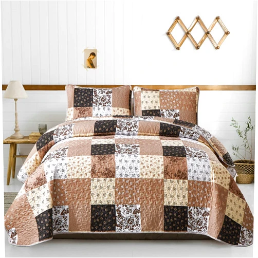 Mybedsoul Patchwork Quilt Set Queen Size,3 Pieces Brown Floral Plaid Patchwork Reversible Bedspread Coverlet Set for All Season,Summer Soft Microfiber Bedding Set Queen 90