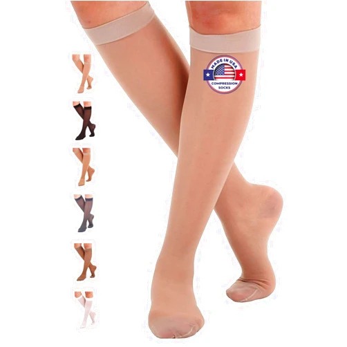 ABSOLUTE SUPPORT Made in USA - Sheer Compression Socks for Women 15-20 mmHg - Support Hose Knee High Stockings - A101