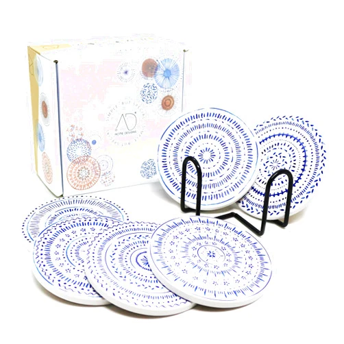 AD Set of 6 Coasters for Drinks Absorbing Round Ceramic Stone Coaster with Cork Base,Tabletop Protection Mat for Mugs and Cups,Office,Kitchen (Nordic Blue with Holder)