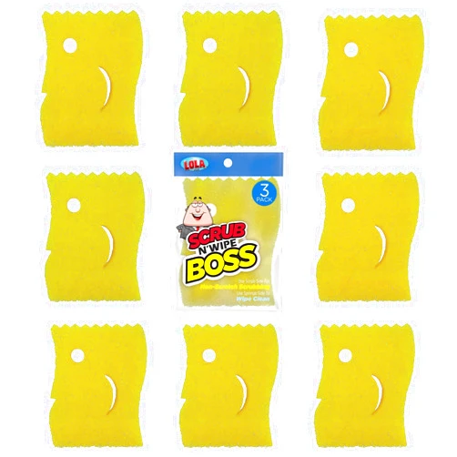Lola Products Scrub N’ Wipe Boss, Non-Scratch Scrubbing, 2-Sided Sponge, Remove Debris, Firm in Cold Water/Flexible in Warm Water, Made in USA, 9 Pack