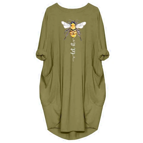 JiaMa womens Let it be Long Sleeve Loose Pocket Oversize Tunic Pockets Dress, Green, Medium