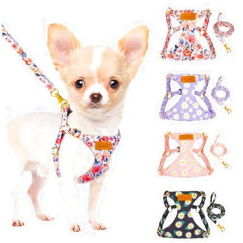 SlowTon No Pull Dog Harness with Leash - Soft Lightweight Floral Pattern Puppy Harness, Adjustable Pet Harness for Small Medium Dogs (Flower XXS)