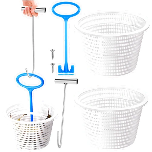 Sunnychicc 2 Pcs Pool Skimmer Basket Replacement with 1 Skimmer Basket Handle and 1 Skimmer Basket Hook Kit, Pool Skimmer Basket with Handle Compatible with Hayward SPX1070E Most Skimmer, Not Weighted