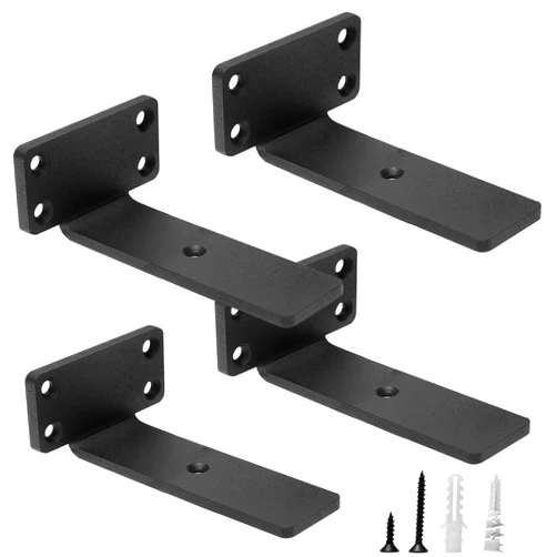 HITOMEN Heavy Duty Floating Shelf Brackets, 5-Inch (1/5'' Thick) Hidden Shelves Hardware, Cast Iron L Brackets, Rustic Industrial Black Metal Wall Shelving Supports, 4 Pack