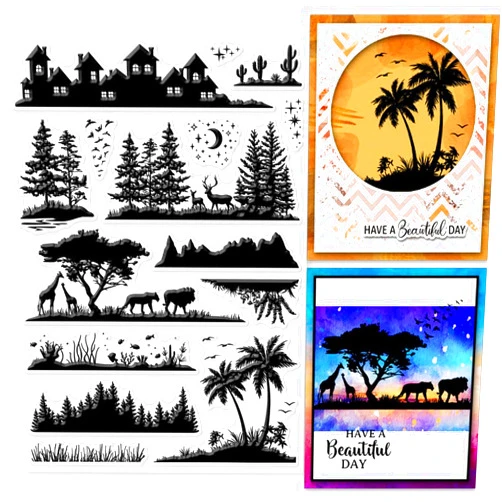 GLOBLELAND Landscape Silhouette Clear Stamps for Cards Making Scenery and Animals Clear Stamp Seals Transparent Stamps for DIY Scrapbooking Photo Album Journal Home Decoration