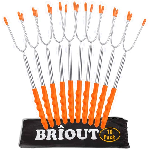 Briout Marshmallow Roasting Sticks 10 Pack Extra Long 45’’ Stainless Telescoping Hot Dog Smores Skewers Kids Safe Barbecue Forks for Campfire, Bonfire and Grill