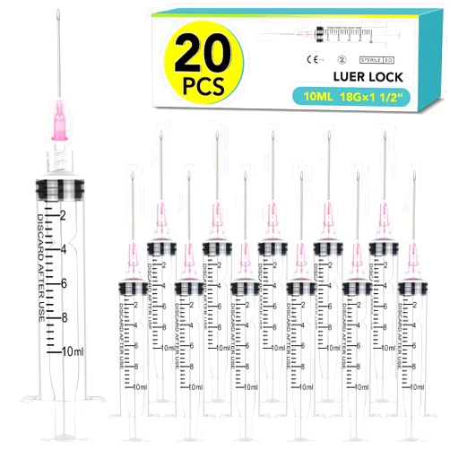TENKAIWICK 20 Pack 10ml Syringes with Needle-18Ga 1.5Inch Needle with Luer Lock，Individually Sealed Packaging