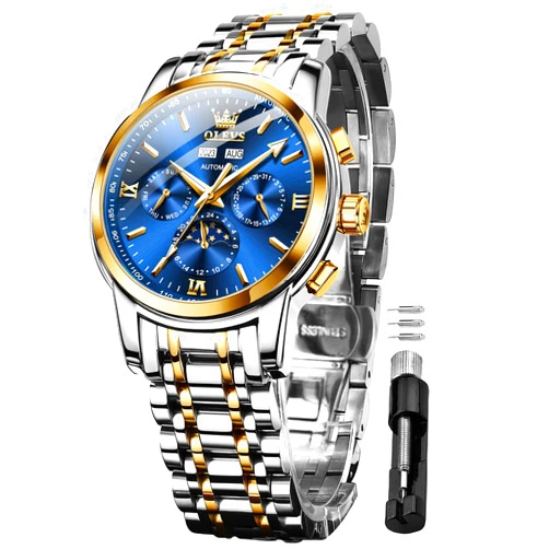 OLEVS Self Winding Watches for Men Automatic Mechanical Luxury Wrist Watch Stainless Steel Waterproof Moon Phase Luminous