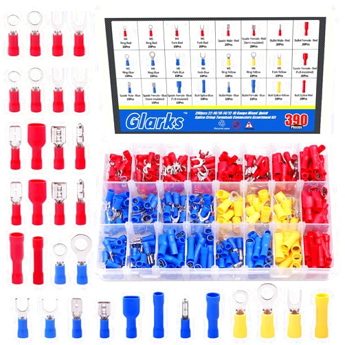 Glarks 355pcs 22-16/16-14/12-10 Gauge Mixed Quick Disconnect Electrical Insulated Butt Bullet Spade Fork Ring Solderless Crimp Terminals Connectors Assortment Kit