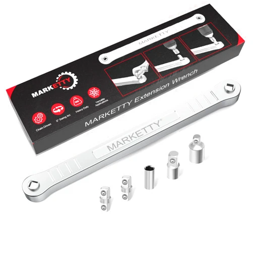 MARKETTY 15.35-Inch Offset Extension Wrench Set, 3/8-Inch Square Drive, Ratchet Extension, Tight Reach Extension Wrench with 5 Adapters Socket Included