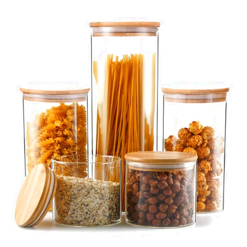 YUNCANG Glass Storage Jars [Set of 5],Clear Glass Food Storage Containers with Airtight Bamboo Lid Stackable Kitchen Canisters for Candy,Cookie,Rice,Sugar,Flour,Pasta,Nuts and Spice Jars