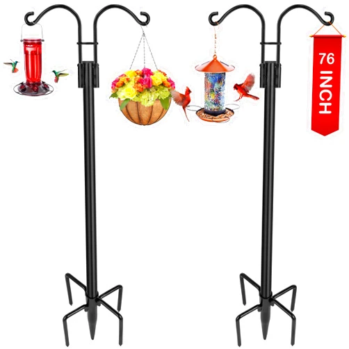 XDW-GIFTS Double Shepherds Hooks for Outdoor, 2-Pack Heavy Duty Garden Pole for Hanging Bird Feeder, Plant Baskets, Solar Light Lanterns, Garden Plant Hanger Stands with 5 Base Prongs