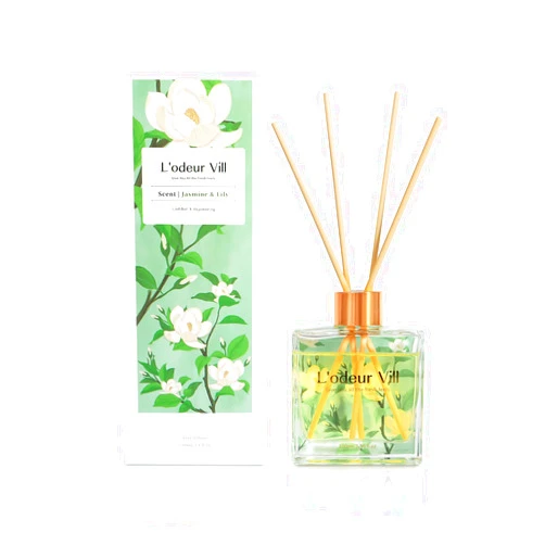 L'odeur Vill Reed Diffuser Set/Jasmine & Lily/3.38 fl.oz（100ML）/1 Pack with 6 Reed Sticks/Home Fragrance Diffuser, Oil Scent Diffuser for Bathroom Shelf Decor.