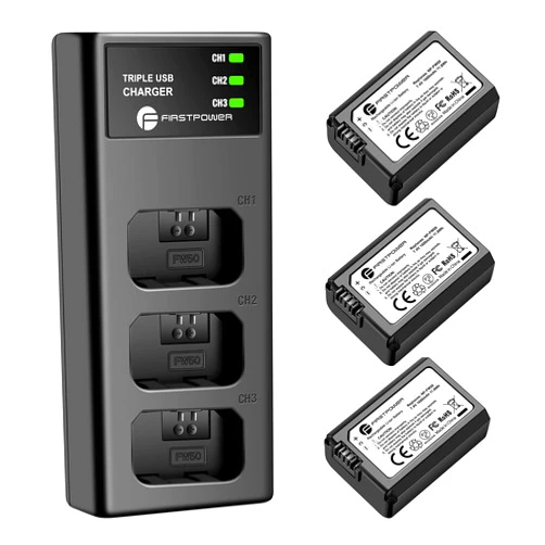 FirstPower NP-FW50 Battery 3-Pack and Triple Slot Charger for Sony A6000 A6300 A6400 A6500 A7 A7II A7RII A7SII A7S A7S2 A7R A7R2 A5100 A5000 RX10 RX10II