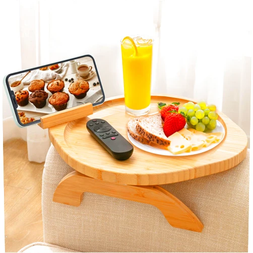 SINWANT Couch Arm Table, Bamboo Round Sofa Clip Tray Table with 360° Rotating Phone Holder,Large Sofa Arm Tray for Arm Chair Table, Folding Snack Eating Drink Tables