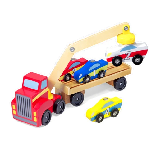 Melissa & Doug Magnetic Car Loader Wooden Toy Set With 4 Cars and 1 Semi-Trailer Truck