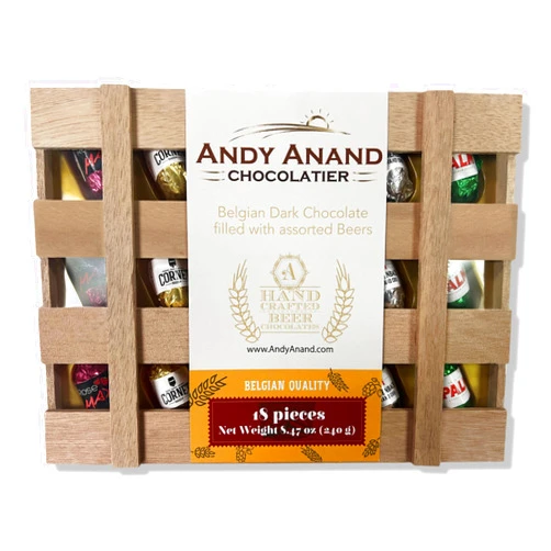 ANDY ANAND CHOCOLATIER Andy Anand European Beer Flavored Dark Chocolate Bottles, Assortment Of Premium Selection, Filled with Top-Shelf Beer, Packed in a Wooden Gift Box - 18 Count