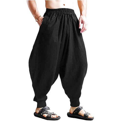 CLANMILUMS Men's Cotton Harem Pants Casual Loose Hippie Drop Crotch Trouser