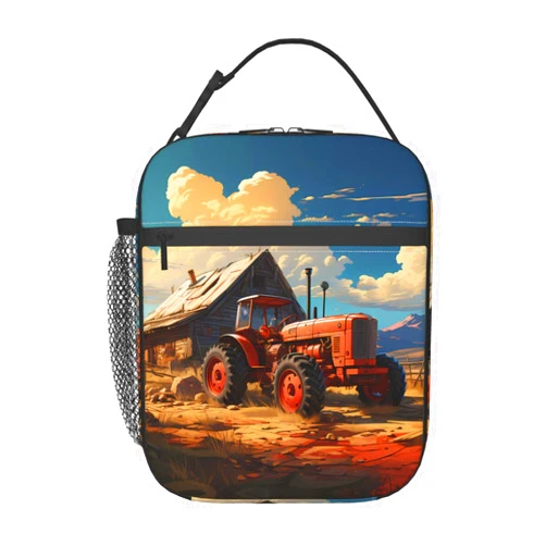 Kastiong Portable Lunch Bag, Farm Red Tractor Keep Warm/Cold Lunch Box Food Storage Tote with Pocket For Office/Outdoor/Travel