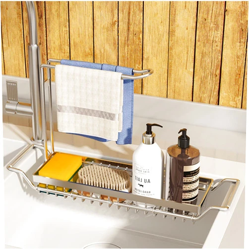 USDGTKN Sponge Holder for Kitchen Sink Caddy, Stainless Steel Telescopic Sink Storage Rack Holder