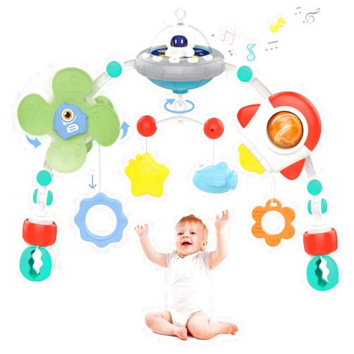KOESMG Baby Stroller Arch Toy, Adjustable Car Seat Toys with Musical and Projector for Infants 0-12 Months Babies, Montessori Sensory Rotating Space Rocket Crib Bassinet Travel Gift Toys