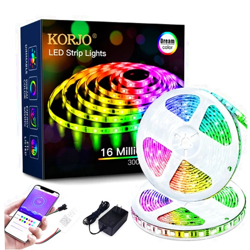 KORJO Dream Color LED Strip Lights, 32.8ft/10M Bluetooth LED Chasing Light with APP, 12V 300 LEDs 5050 RGB Color Changing Rope Light Kit, Flexible Led Strip Lighting for Home Kitchen