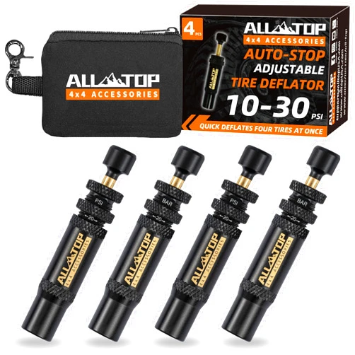 ALL-TOP Adjustable Auto-Stop Tire Deflator Valve Kit (10-30 PSI) 4 PCS Screw-on Tyre Air Down Tool for Offroad 4x4 (with 5 Valve caps)