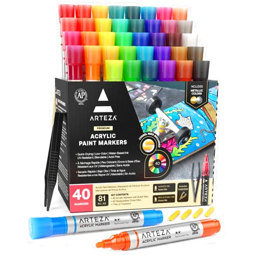 ARTEZA Acrylic Paint Markers, Set of 40 Acrylic Paint Pens in Assorted Colors, Art Markers for Glass, Pottery, Ceramic, Plastic, Rocks, and Canvas