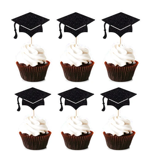 Migeaks 24 pcs Graduation Cupcake Toppers - Graduation Glitter Cake Toppers for Class of 2024, Graduation Caps for 2024, Graduation Party Cake Toppers(black)