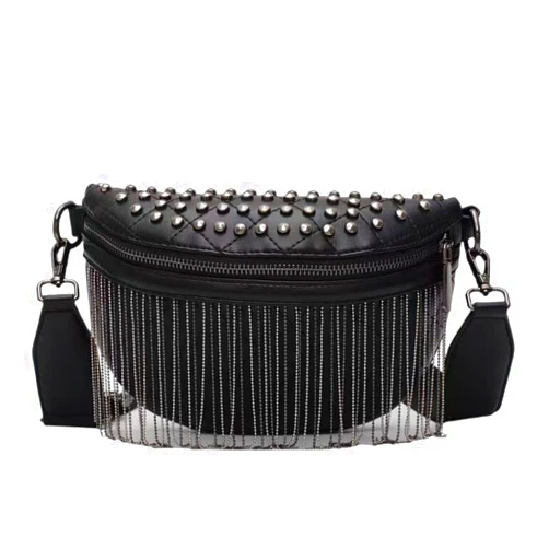 IAMUHI Women Vegan Leather Cross Chest Bag Rivets Fringed Shoulder Handbag Purse Waist Bag,Black