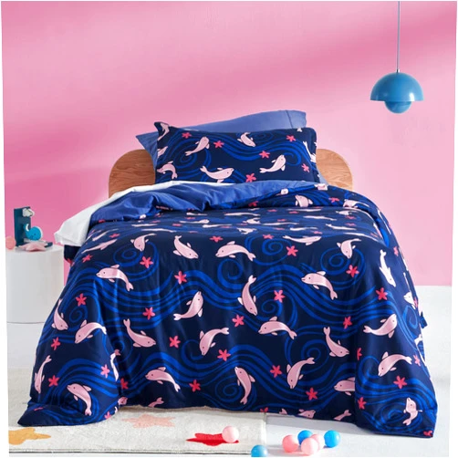 SLEEP ZONE Kids Duvet Cover Set Queen Size 3 Pieces - Super Soft & Cute Comforter Cover with 2 Pillow Shams, Easy Care Zipper Closure (Navy Dolphin, Queen)
