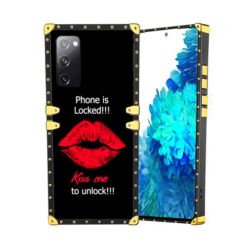 Stewing prerog Compatible with Samsung Galaxy S20 FE 5G Square Case, Kiss Me to Unlock Red Lip Luxury Golden Decoration for Samsung Case Girls Women, Soft TPU and Hard PC Back Trendy Protective Cover Case