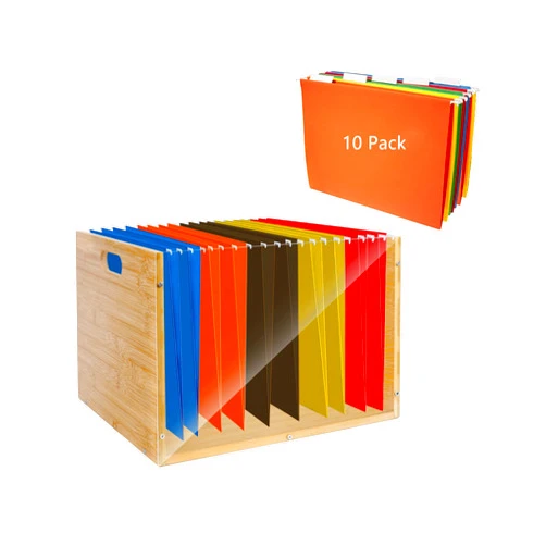 Aobteeny Acrylic Bamboo File Organizer Box with 10 Hanging File Folders, Hanging File Storage Box with Handle, Bamboo Filing Cabinet Box with 10 Letter Folders for Home Office Desk(Assembly required)