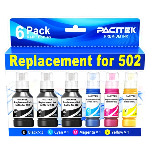PACITEK Replacement for 502 Ink Refill Bottles for Epson ET-2850 ET-3850 ET-2760 for ET-4760 ET-3760 ET-15000 ST-4000 ST-2000 ET-3710 ET-2750 ET-3750 ET-4850 ET4750 ET2700 ST3000 ET3700 Printer (6 Pack)