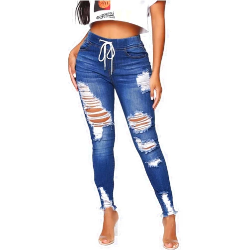 KUNMI Women High Waist Skinny Stretch Ripped Jeans Destroyed Denim Pants Plus Size